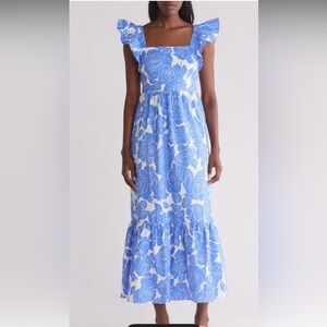 NWT London Times Floral Sleeveless Ruffle Strap Maxi Dress Tiered Blue White 16W